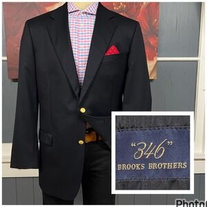 Brooks Brothers Blazer Golden Buttons Suit Jacket Mens 44L Long Wool Dark Navy